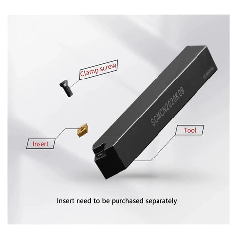 Premium Indexable Carbide Lathe Tool Bar With SCMCN2020K09 Insert showing tool, clamp screw, and insert parts for metal machining.