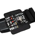Ride Ready Compact 30 Piece Motorcycle Tool Kit with pliers, wrenches, sockets, and screwdrivers in a magnetic tool roll.