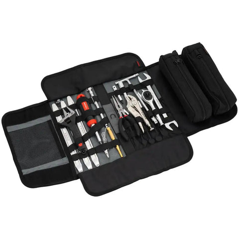 Ride Ready Compact 30 Piece Motorcycle Tool Kit with pliers, wrenches, sockets, and screwdrivers in a magnetic tool roll.