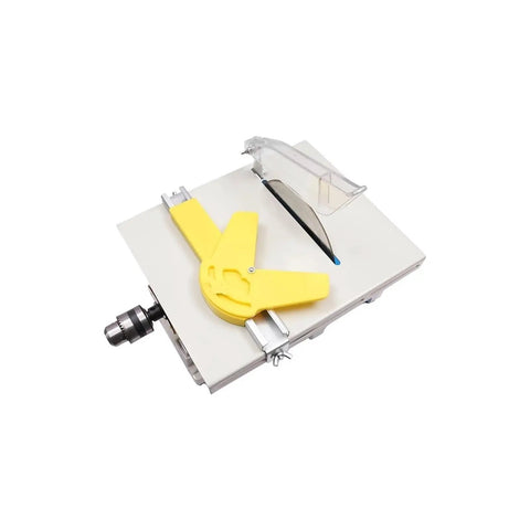 Heavy Duty 750W Electric Mini Table Saw With 5 Pcs Premium Blades showing cutting blade and guard for precise woodworking.