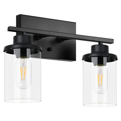 Matte Black Two Light Vanity Light Fixtures With Clear Glass Shades Over Mirror Wall Sconces for Bathroom Modern Farmhouse Style