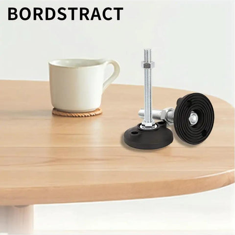 Heavy Duty Leveling Feet Set 4 Pcs M6 Thread Size D30 Base displayed on a wooden table, showing round nylon bases and rubber pads.