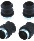Black rubber and metal components from Caliper Pin Boot Kit 16144 Replacement that keeps your brakes quiet and smoother, four pieces