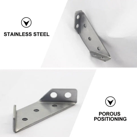 Ten Pack Stainless Steel Trapezoid Angle Brackets with holes for positioning, heavy duty flush mount connectors, silver finish.