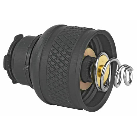 Replacement Rear Tail Cap For Scout Light Series Flashlights.75 Inch Switch Black Mil-Spec Aluminum showing spring mechanism