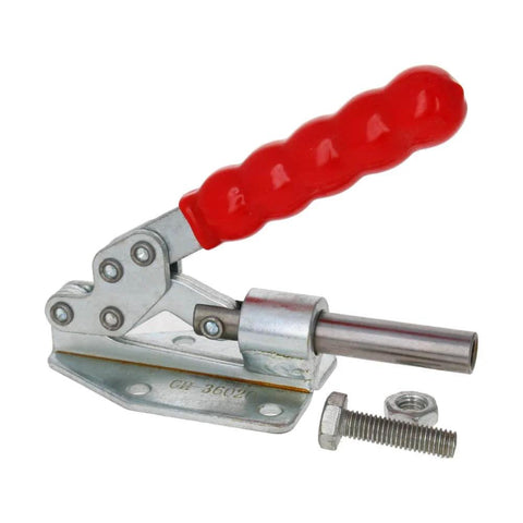 Adjustable Toggle Clamp Beefy Heavy Duty Push Pull Action Quick Release With 180 Kg Capacity, red handle, steel base, side view