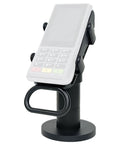 Adjustable Credit Card Reader Bracket With 180 Degree Rotation And 90 Degree Tilt holding a card reader on a POS display mount