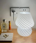 Mushroom Glass Desk Lamp With White Stripes, Vintage Murano Hand-Blown Style on wooden table, modern chic décor