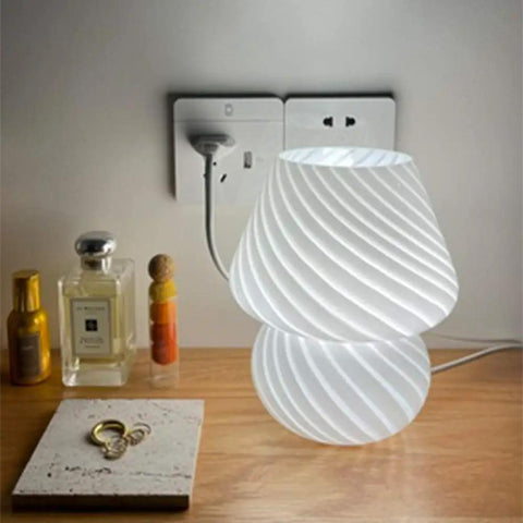 Mushroom Glass Desk Lamp With White Stripes, Vintage Murano Hand-Blown Style on wooden table, modern chic décor