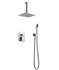 Heavy Duty Brushed Nickel Wall Mount Shower Combo features a square ten inch ceiling rain system and handheld spray unit crafted from solid brass.