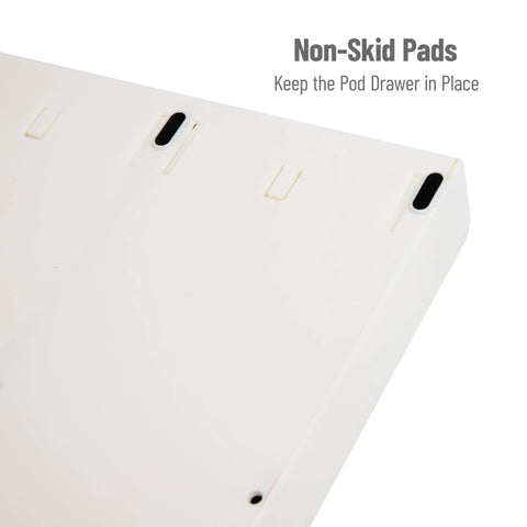 Non-skid pads on white Single Serve Coffee Pod Drawer And Cup Condiment Set For Kitchen Counter 36 Pod Capacity Two Piece