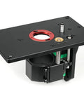 Solid Router Lift Kit For 65mm Motors With Plunge Base And Table Insert Plate, featuring a CNC machined black top with red insert.
