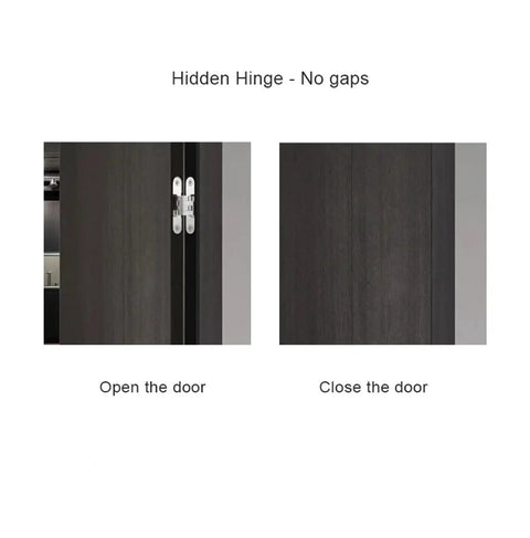 Two Pack Hidden Hinge Set For Wooden Box Stainless Steel Concealed Barrel Hinges showing open and closed positions of dark cabinet