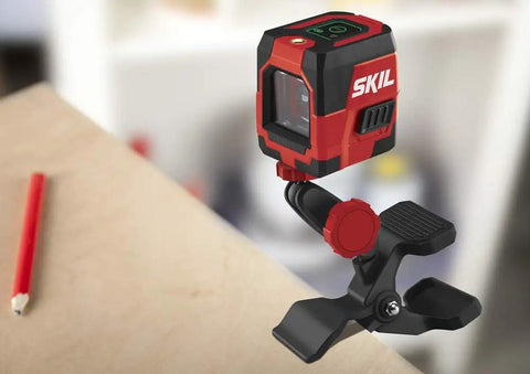 65 Ft Green Cross Line Laser Level With Self Leveling, USB Rechargeable Battery, Clamp And Carry Bag Included on table edge