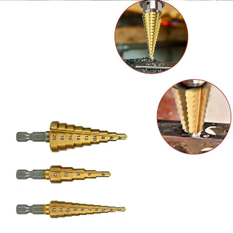 Three Piece Titanium Coated HSS Step Drill Bits Set For Precise Drilling And Quick Hole Sizing, Great For Metal And Plastic use