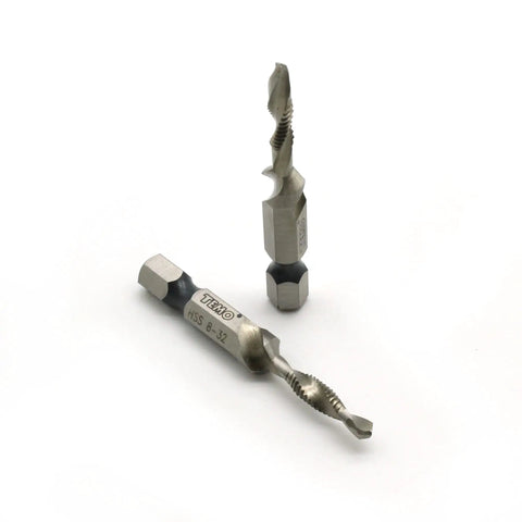 2 Piece M2 High Speed Steel 8 32 Thread Hex Bit Combo Drill Tap Countersink Tool set with precision tips for metalworking.