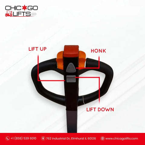 Top view of Robust Chicago Lifts Full Electric Pallet Jack controls showing lift up, lift down, and honk buttons for heavy duty use.