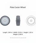 Heavy Duty TPR Plate Caster Wheel for Workspaces and Garages, shown with dimensions and front and side views.