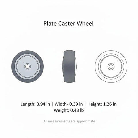 Heavy Duty TPR Plate Caster Wheel for Workspaces and Garages, shown with dimensions and front and side views.