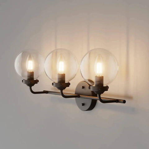 Three Light Dope Matte Black Vanity Light Fixtures With Industrial Glass Globe For Bathroom Wall Mount Vintage Style