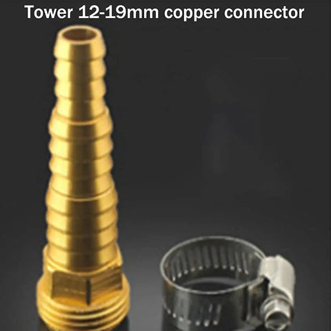 Tower 12-19mm copper connector beside a metal hose clamp used for securing hoses.