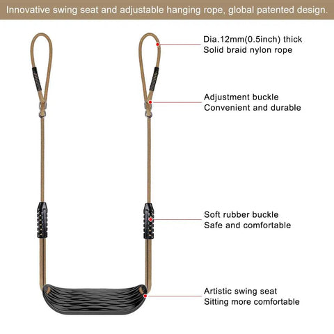 Heavy Duty Plastic Swing Seat With Non Slip Design, Adjustable Rope, Four Carabiners, Built For Indoor Or Outdoor Backyard Playsets, Kid Safe, Durable Playground Swing Seat For Fun Family Time, 2 Pack with labeled features.