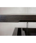 Detail of L Shaped Lift Top Standing Desk 56 Inch Wide Hardwood Corner Workstation featuring solid oak veneer umber brown finish.