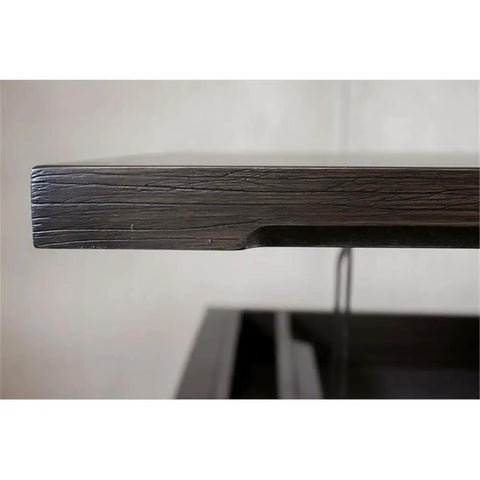 Detail of L Shaped Lift Top Standing Desk 56 Inch Wide Hardwood Corner Workstation featuring solid oak veneer umber brown finish.