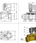 Technical drawing of Three Eighths Inch NPT Solenoid Valve 24 Volt DC Brass Normally Closed Multi Purpose Control Valve
