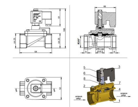 Technical drawing of 3/8 Inch NPT Solenoid Valve 12V DC Brass Normally Closed Multi Purpose Control Valve For Water Air And Gas
