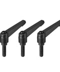 Front view of 3 Adjustable M8 X 25mm Clamping Levers with Push Button Quick Release, Threaded Male Stud, Matte Black, for Machinery