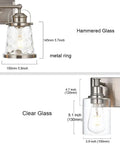 2 Light Vanity Light Fixtures In Modern Brushed Nickel Finish For Bathroom Over Mirror Industrial Sconces with Hammered Glass detail