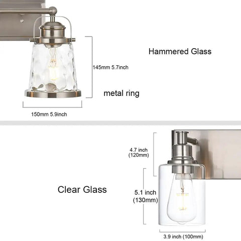2 Light Vanity Light Fixtures In Modern Brushed Nickel Finish For Bathroom Over Mirror Industrial Sconces with Hammered Glass detail
