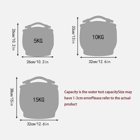 Dimensions of Heavy Duty Ceramic Rice Jar With Tight Porcelain Lid for flour, sugar, and coffee beans, including sizes for 5kg, 10kg, and 15kg.