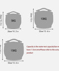 Dimensions of Hand Painted Ceramic Grain Storage Jar With Airtight Locking Lid for 5kg, 10kg, and 15kg capacities.
