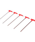 Hardcore Five Piece T Handle Hex Wrench Kit Made From Tough S2 Alloy Steel With Grippy Handles For Zero Slipping When Tightening Bolts In Auto Repair Or CNC Machine Maintenance In Tight Spaces And Gnarly Jobs Providing Serious Torque For Pros. Five red T-handle hex wrenches