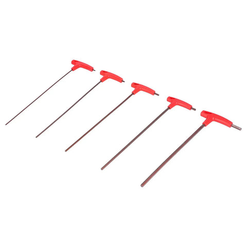 Hardcore Five Piece T Handle Hex Wrench Kit Made From Tough S2 Alloy Steel With Grippy Handles For Zero Slipping When Tightening Bolts In Auto Repair Or CNC Machine Maintenance In Tight Spaces And Gnarly Jobs Providing Serious Torque For Pros. Five red T-handle hex wrenches