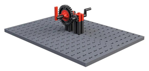 Hands On Mechanics Building Kit With 243 Components For Real World Engineering Fun Expandable With Everyday Objects Kid Friendly STEM Toy For Creative Projects And Problem Solving, gear model on gray baseplate