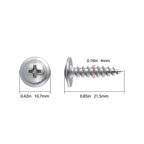 Top Shelf Eight By Three Quarter Inch Phillips Truss Head Wood Metal Screws Bulletproof 410 Stainless Steel Self Tapping Hardware Fasteners KO, detailed size specs.