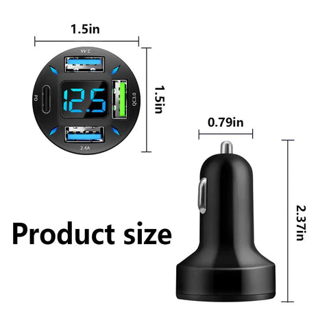 66W Fast Car Charger With PD And QC 3.0 Volt Meter And LED Lights Four Port Universal 12 To 24V Car Lighter Plug True Quick Charge