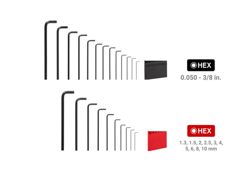 Flat End Hex L Key Set 23-Piece With Tight Fit For Fasteners And Narrow Tolerances, shown in imperial and metric sizes