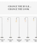 Five brushed steel floor lamps with various Edison bulbs under 'Change the bulb, change the look.'
