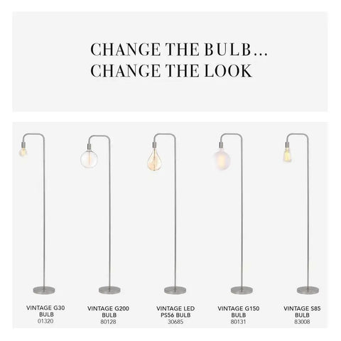 Five brushed steel floor lamps with various Edison bulbs under 'Change the bulb, change the look.'