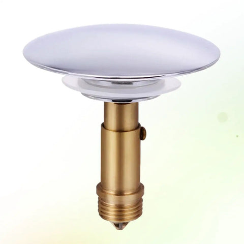 Pop up Drain Hole Water Stopper for Bathroom Sinks and Bathtubs with a sleek golden base and shiny round top, ideal for bathtubs.