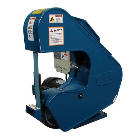 Heavy Duty Three Wheel Belt Grinder plugs straight into standard 110v outlet showing metal frame and belt adjustment features.