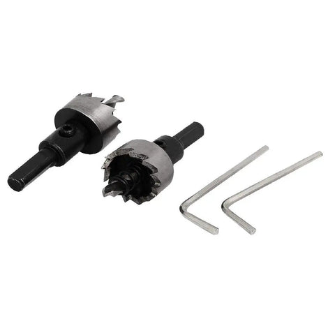 4 Piece HSS Hole Saw Set With Spring Loaded Twist Drill Bits Twenty One Point Five Millimeter Diameter And Sixty Four Millimeter Length Includes Hex Wrenches And Case For Easy Wood Metal Plastic Cutting. Visible are two drill bits and hex wrenches on a white background.