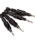 Four Piece Hex Shank Countersink Drill Bit Kit Quick Swap Chuck Compatible Design with black hex shanks and HSS steel drill bits.