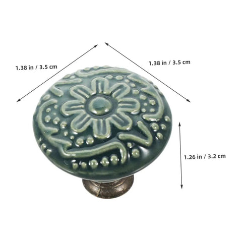 Set Of 10 Ceramic Drawer Pulls And Kitchen Cupboard Knobs With Vintage Pattern Single Hole Cabinet Door Handles For Dresser And Closet Hardware In Celadon Blue