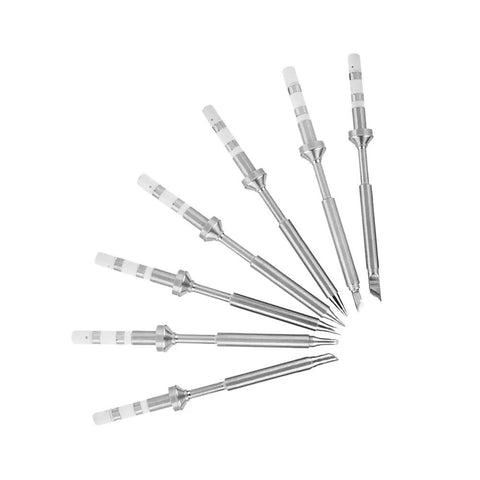 7 Types TS100 Soldering Iron Tips Replacement Kit displayed in a fan shape, made of durable stainless steel for mini digital soldering irons.