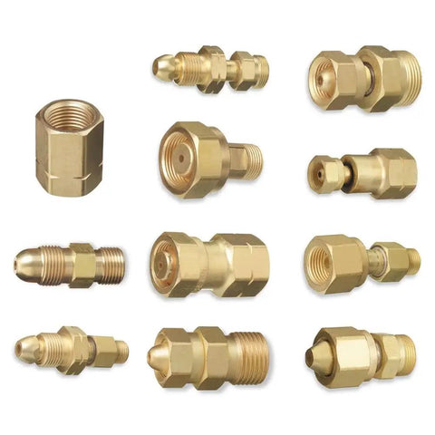 Beefy Acetylene Gas Cylinder To Regulator Adapter Brass Connector For CGA-200 CGA-300 CGA-510 CGA-520 Welding Gear Built For Quick Leak Free Connections displayed in various views.